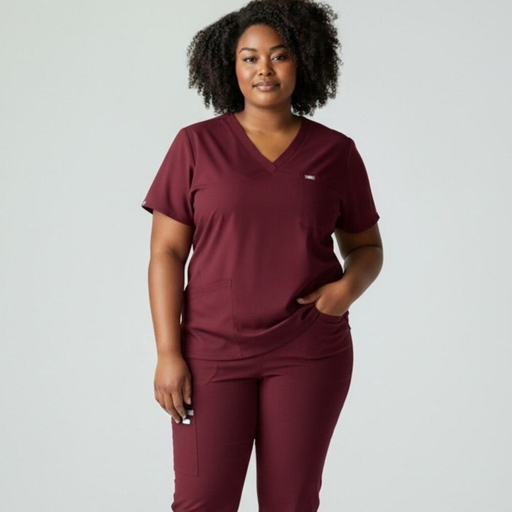 FIGS Catarina One Pocket Scrub Top Women's Sz XXL Burgundy Healthcare Stretch
